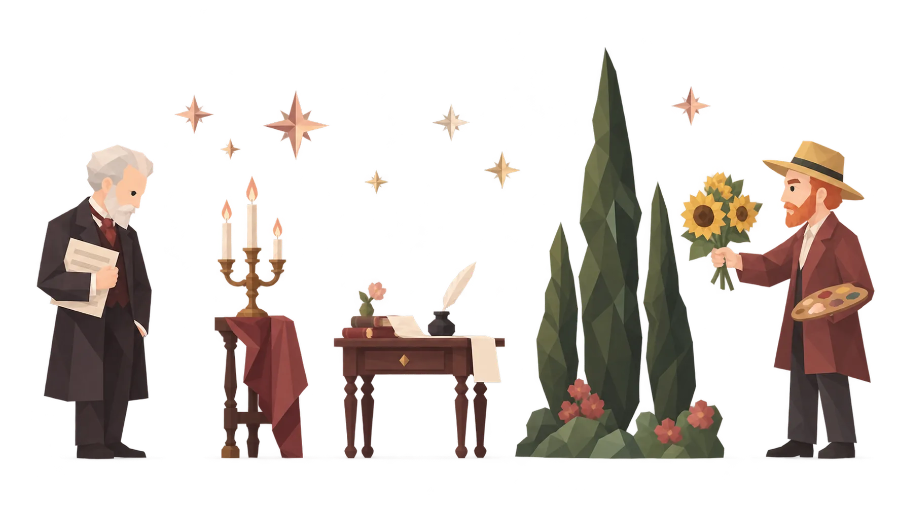 ピョートル・チャイコフスキーとフィンセント・ファン・ゴッホのイラスト
